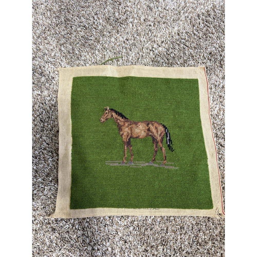 Completed Point Needlepoint Green Panel w Brown Horse Unframed